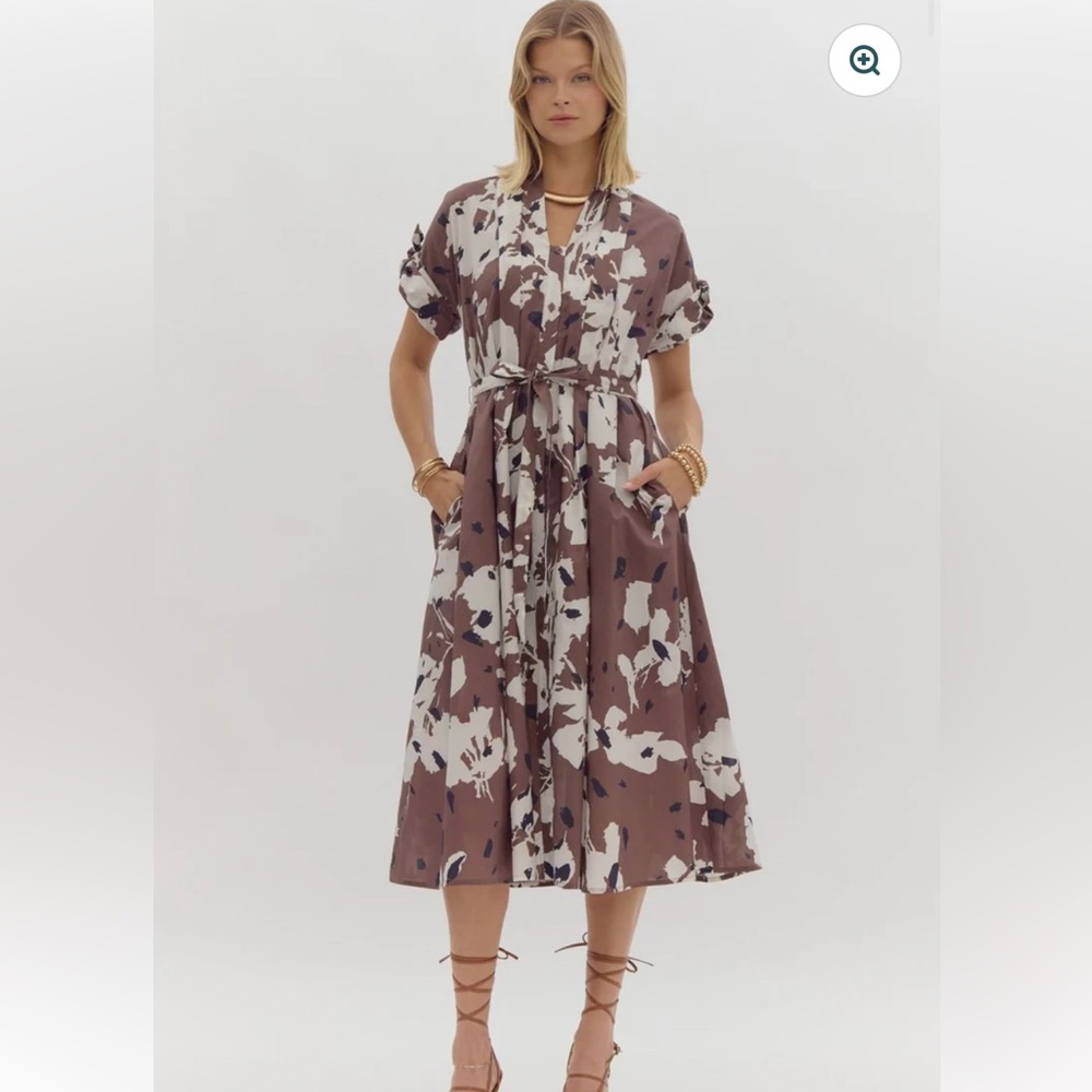NEW AVARA Maude Floral Midi Dress w/belt & pockets, 100% Cotton